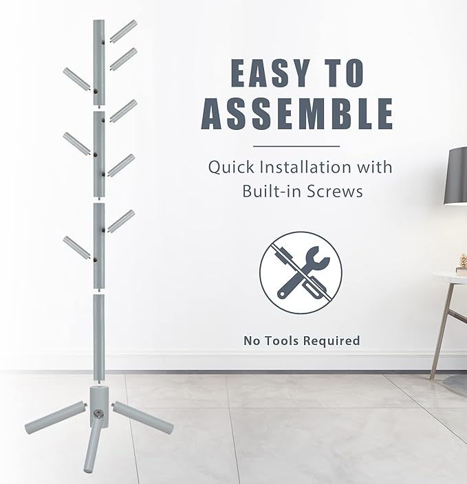 Haddockway Wooden Coat Rack Stand with 8 Hooks New Zealand Pine 3 Adjustable Coat Standing Tree Easy Assembly for Coats, Hats, Scarves and Handbags for Entryway, Hallway, Bedroom, Office-NeatNest
