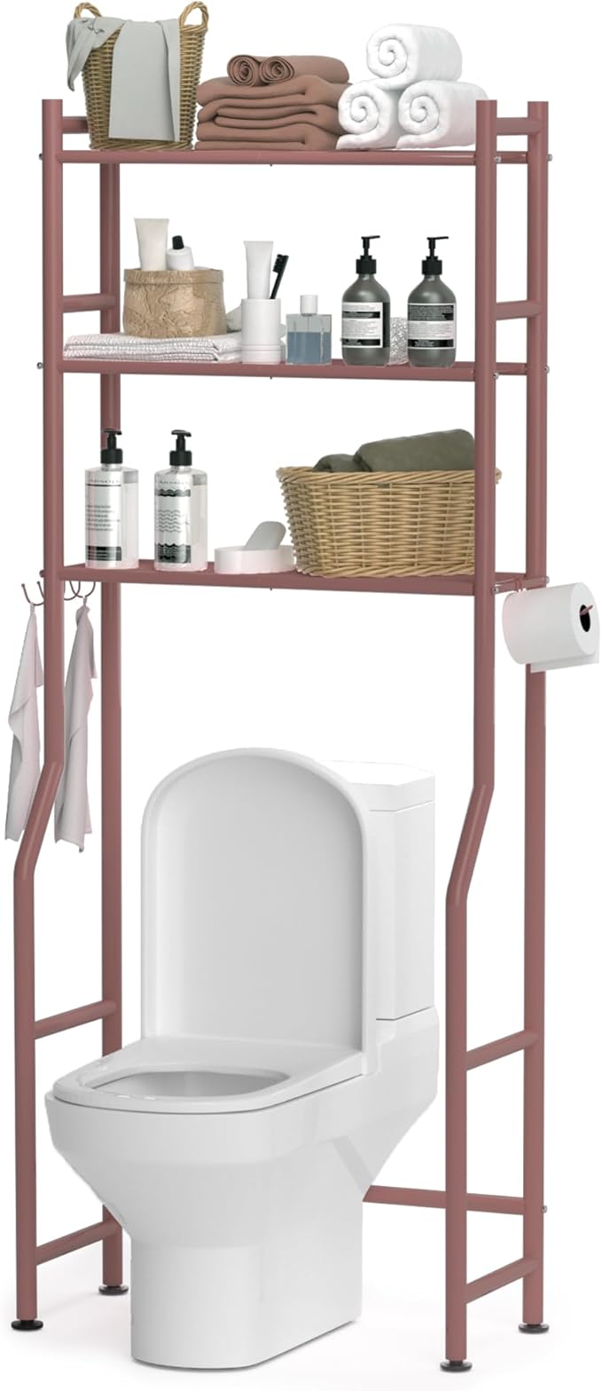 3 Tier Over The Toilet Storage Rack with 2 Basket, Metal Freestanding Bathroom Shelves Toilet with Paper Holder and 4 Hooks, Over Toilet Storage Shelf for Bathroom Storage, Bronze-NeatNest
