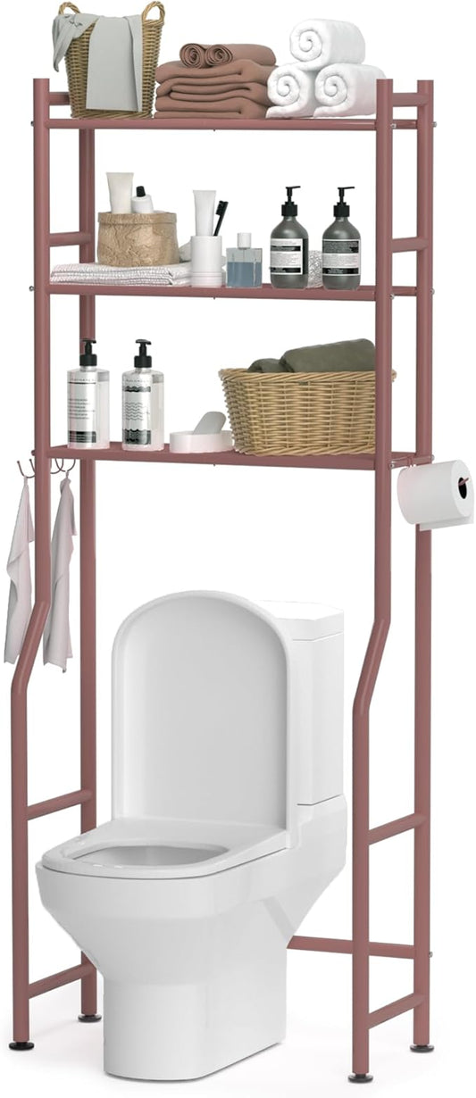3 Tier Over The Toilet Storage Rack with 2 Basket, Metal Freestanding Bathroom Shelves Toilet with Paper Holder and 4 Hooks, Over Toilet Storage Shelf for Bathroom Storage, Bronze-NeatNest