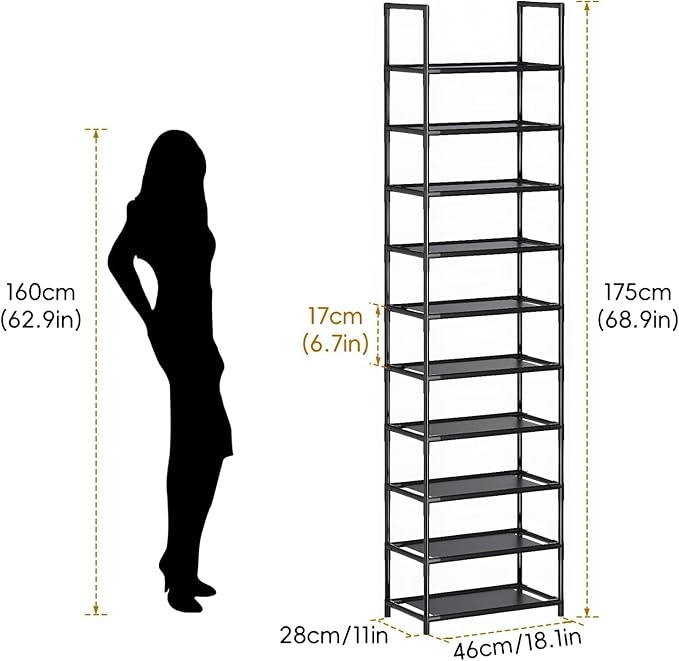 Shoe Rack 10 Tier Tall Shoe Storage Organizer,20-25 Pairs Shoe Storage Metal Shoe Shelf, Stackable Shoe Stand Organizer for Narrow Space Closet Entryway Hallway-NeatNest