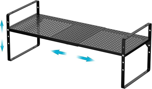 iPEGTOP Large Expandable Cabinet Storage Shelf Organizer Rack, Heavy Duty Stackable Steel Metal Spice Rack Adjustable Height Office Pantry Garage Shelves for Counter Kitchen, Black - 1 Pack-NeatNest