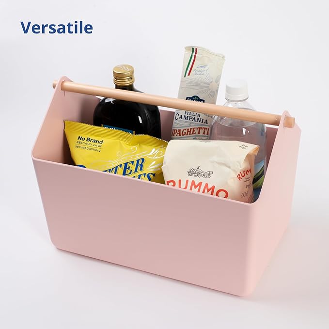 BLUE GINKGO Large Storage Basket – Plastic Caddy with Wooden Handle for Bathroom, Pantry, or Cleaning Supplies (Pink)-NeatNest