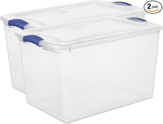 2 Pack, 66 Quart - Large Clear Plastic Storage Bins with Blue Latch, Stackable Container Boxes for Home and Office Organization