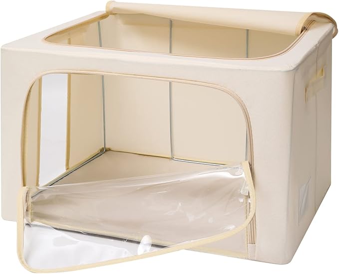 3Pack Frame Storage Box - Clothes Storage Bin Bags Oxford Fabric Foldable Stackable Container Organizer Set with Clear Window & Carry Handles Large Capacity (Beige, Extra Large-100L)-NeatNest
