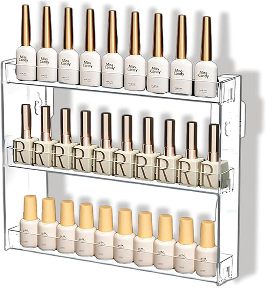 3 Layers Makeup Organizer Wall Mounted, Acrylic Invisible Floating Shelves with Anti-Slip Adhesive Backing, Sunglasses Display Rack, Nail Polish Storage, Clear (1 Pack)-NeatNest