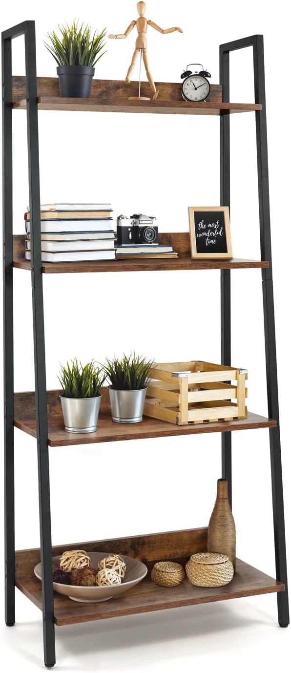CAPHAUS 4 Tier Ladder Bookshelf, 24 Inch Width Free Standing Shelf, Bookcase Shelf Storage Rack Organizer, Industrial Book Shelves for Home Office, Living Room, Kitchen, Rustic Oak, Vintage Shelves-NeatNest