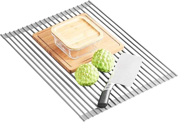 Ahyuan Large Roll up Dish Drying Rack Silicone Foldable Dish Rack Over Sink Dish Drainer Roll-up Sink Drying Rack Full Silicone Coated Stainless Still Dish Drying Rack (Warm Grey, 17.5''X15.75'')