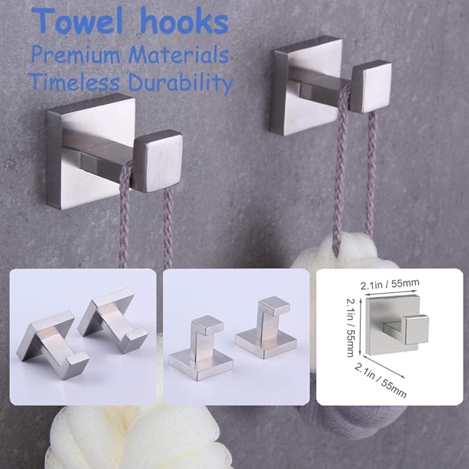 10-Pieces Towel Bar Set Brushed Nickel Bathroom Hardware Set SUS304 Bathroom Accessories Set Includes 2 Towel Bar 24 in+2 Towel Holder+2Toilet Paper Holder+4 Towel Hooks(10, Brushed Nickel, 24 Inch)