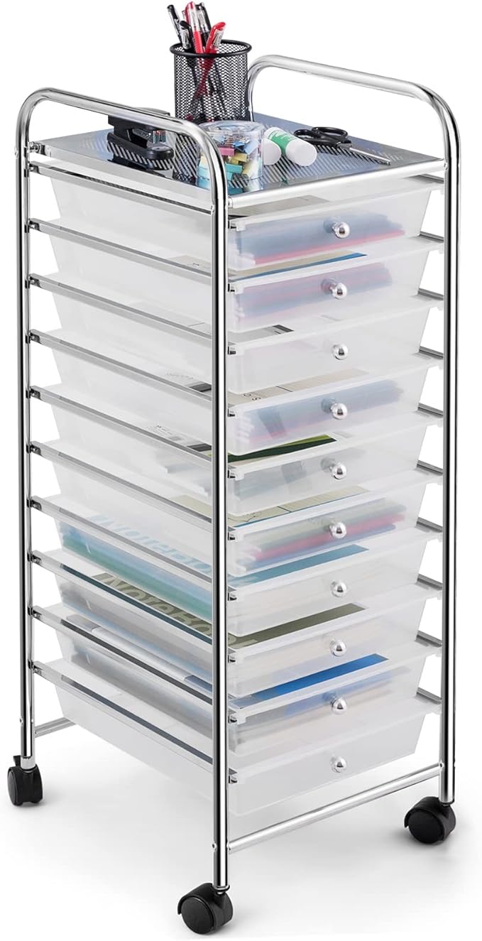 COSTWAY 10-Drawer Rolling Storage Cart, Utility Mobile Trolley with Removable Drawers & Universal Casters & 2 Brakes, Versatile Flexible Drawer Organizer Cart for Home, Office (Clear)-NeatNest