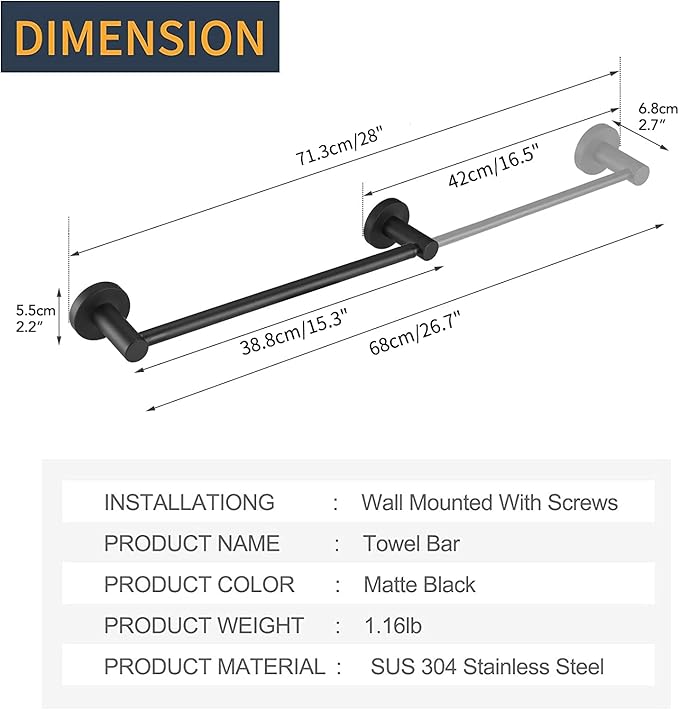 BESy Adjustable 15 to 26 Inch Single Bath Towel Bar Rack for Bathroom Accessories SUS304 Stainless Steel Towel Holder, Wall Mount with Screws Hand Towel Bar Rod Hotel Style, Matte Black-NeatNest