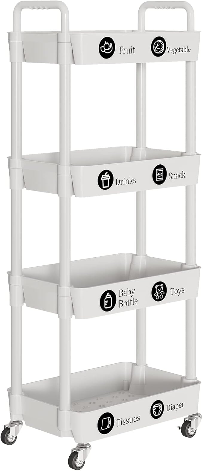 Laiensia 4-Tier Storage Cart,Multifunction Utility Rolling Cart Kitchen Storage Organizer,Mobile Shelving Unit Cart with Lockable Wheels for Bathroom,Laundry,Living Room,With Classified Stickers,White-NeatNest