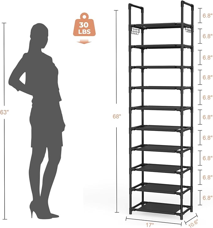 10 Tiers Shoe Rack 20-25 Pairs Large Capacity Tall Shoe Organizer Sturdy Shoe Storage with Two Hooks Metal Narrow Shoe Rack for Closet, Entryway, Bedroom, Black-NeatNest