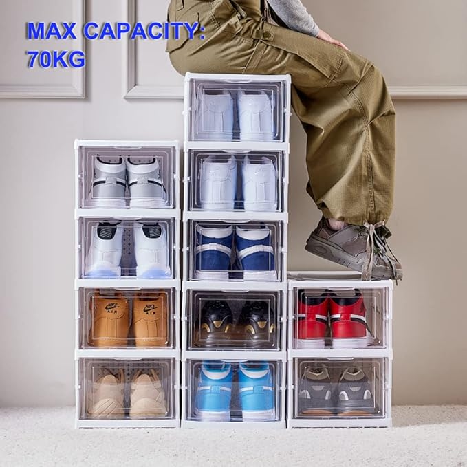 Shoe Rack Shoe Storage Box Bins Clear Collapsible Plastic Installation-Free Size up to 14, Stackable Foldable Tote with Lids Organizing Dustproof 6-Tiers-NeatNest