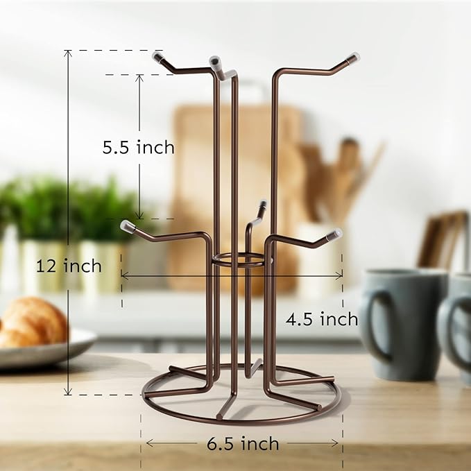 HULISEN Mug Holder for Large Cups, Mug Tree for Counter with 6 Hooks, Metal Coffee Mug Stand for Easy Pick, Place and Display, Coffee Bar Accessories and Decor, Free Standing Mug Rack, Brown-NeatNest
