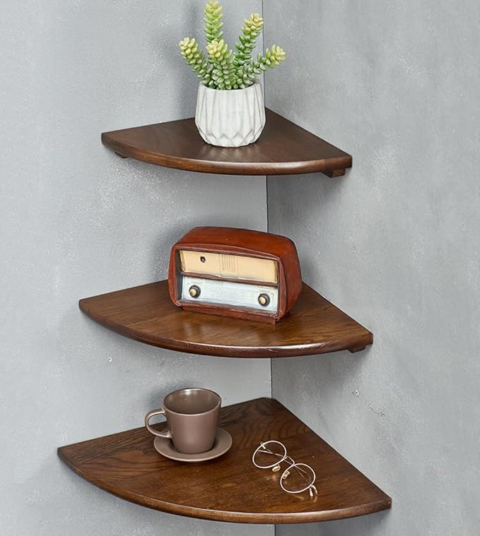 Corner Shelves, Floating Corner Shelf, Set of 3 Solid Oak Wood Corner Wall Shelves, Round End with Wire Hole Shelving for Small Plant for Bedroom Kitchen, Living Room (Size 9/10/12in)-NeatNest