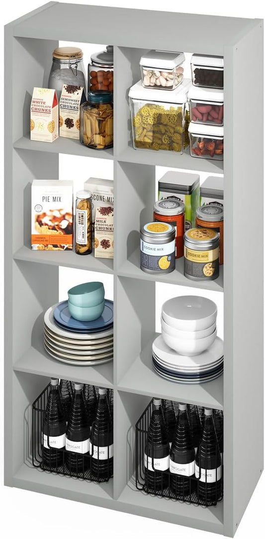 Furinno Hermite 8-Cube Open Shelves Kitchen Storage, Kitchen Island, Bakers Rack, Buffet Sideboard, Light Grey-NeatNest