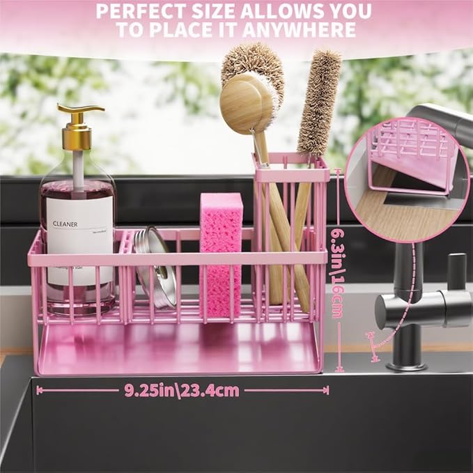 Cisily Pink Kitchen Sink Caddy Organzier with High Brush Holder, Sponge Holder for Sink, 304 Rustproof Stainless, Kitchen Countertop Soap Dispenser Organizer-NeatNest