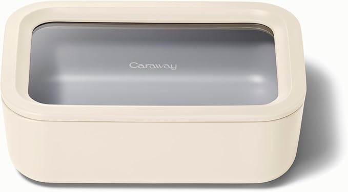 Caraway Glass Food Storage, 6.6 Cup Glass Container,Ceramic Coated Food Container,Easy to Store, Non Toxic, Non Stick Lunch Box Container with Glass Lids. Dishwasher, Oven,Square Shape,Cream-NeatNest