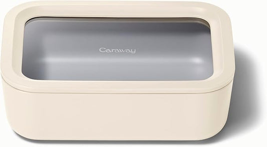 Caraway Glass Food Storage, 6.6 Cup Glass Container,Ceramic Coated Food Container,Easy to Store, Non Toxic, Non Stick Lunch Box Container with Glass Lids. Dishwasher, Oven,Square Shape,Cream-NeatNest