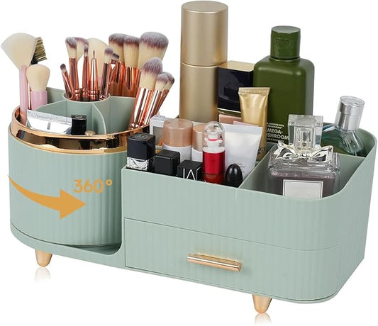 Makeup Organizer Countertop with Drawer 360 Rotating Brush Holder Storage Large Capacity Skincare Cosmetic Display Cases for Vanity Bathroom Desktop, Model 3016 Green-NeatNest