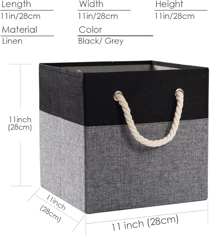 PRANDOM Large Foldable Cube Storage Bins 11x11 inch [4-Pack] Fabric Linen Storage Baskets Cubes Drawer with Cotton Handles Organizer for Shelves Nursery Closet Bedroom Black-NeatNest