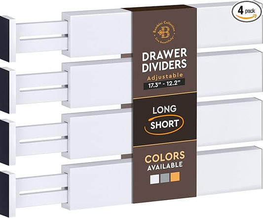 4 Pack Drawer Dividers Bamboo 2.6" High, 12.5"-17" Adjustable Drawer Organizers for Clothes, Expandable Dresser Separators in Bedroom/Bathroom/Kitchen/Office Organization and Storage (White)-NeatNest