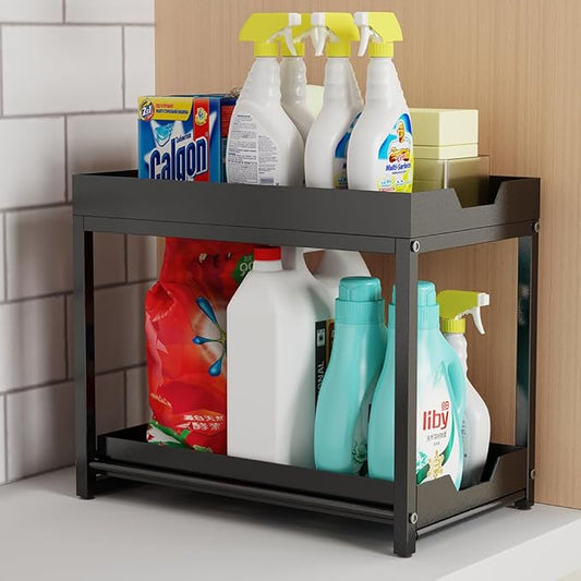 1 Packs Under Sink Organizers, 2 Tier Bathroom Organizers and Storage, Pull Out Cabinet Organizer Shelf, Metal Sliding Drawer for Kitchen Pantry Cabinet Closet Organization Rack (Black, 1 Pack)