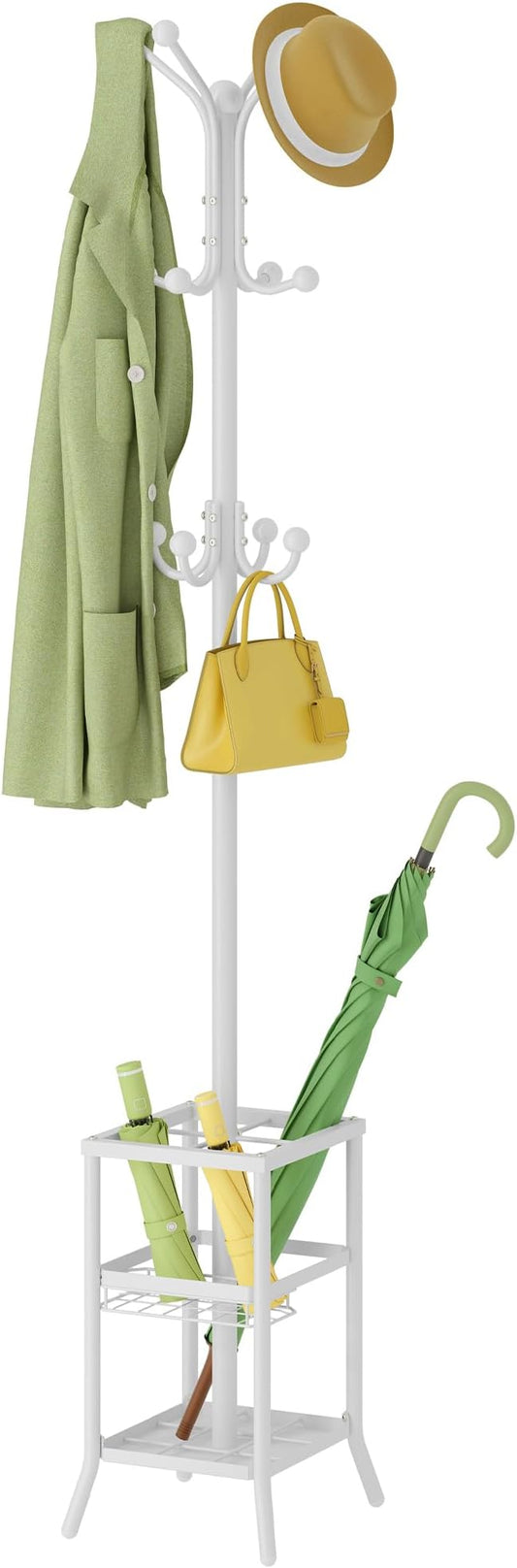 FAVOOSTY Coat Rack Freestanding,Coat Rack Stand with Umbrella Holder,Metal Coat Tree with 12 Hooks,Tree Clothes Hat for Entryway, Hallway, Bedroom, Living Room & Office -White-NeatNest