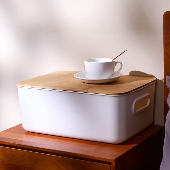 Citylife 2 PCS Storage Bins with Bamboo Lids Plastic Storage Containers for Organizing Stackable Storage Box with Handle, 15.12 x 10.67 x 5.98 inch-NeatNest