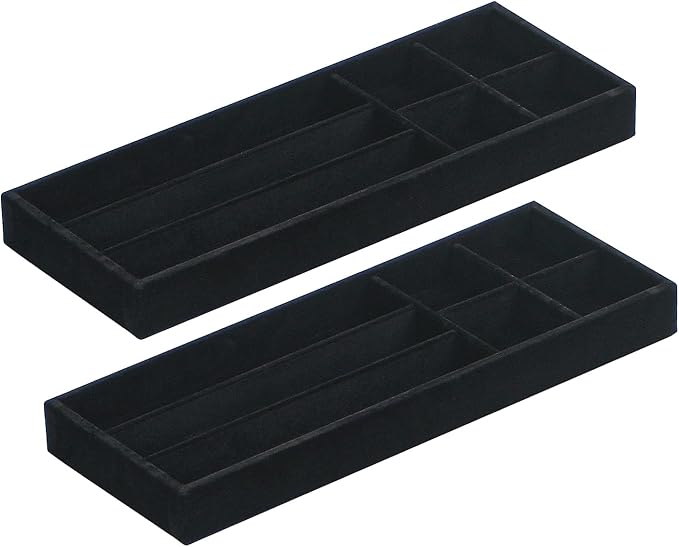 2Pcs Desk Drawer Storage Tray, Nightstand Organizer Tray, Necklace Bracelet Ring Earring Jewelry Display Tray, Grid Table Organizer Holder Tray for Sunglass, Phone, Watch, Perfume (7 grid)/Black-NeatNest