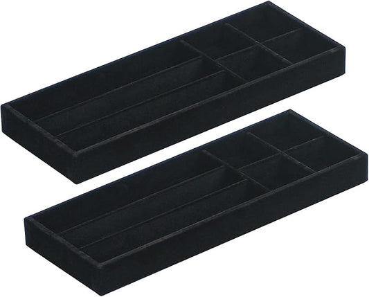 2Pcs Desk Drawer Storage Tray, Nightstand Organizer Tray, Necklace Bracelet Ring Earring Jewelry Display Tray, Grid Table Organizer Holder Tray for Sunglass, Phone, Watch, Perfume (7 grid)/Black-NeatNest