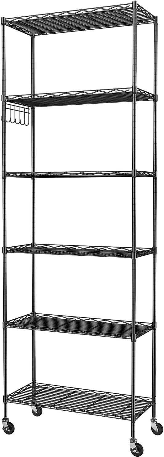 Homdox 6-Tier Storage Shelf Wire Shelving Unit Free Standing Rack Organization with Caster Wheels, Stainless Side Hooks, Black-NeatNest
