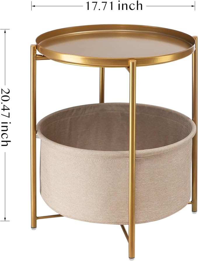 danpinera Round Side Table with Fabric Storage Basket, Pack of 2, Metal Side Table Small Bedside Nightstand with Removable Tray Top for Living Room, Bedroom, Nursery, Laundry, Gold-NeatNest