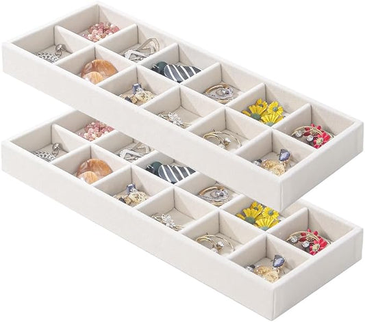 2Pcs Desk Drawer Storage Tray, Nightstand Organizer Tray, Necklace Bracelet Ring Earring Jewelry Display Tray, Grid Table Organizer Holder Tray for Sunglass, Phone, Watch, Perfume (12 grid)/Beige-NeatNest