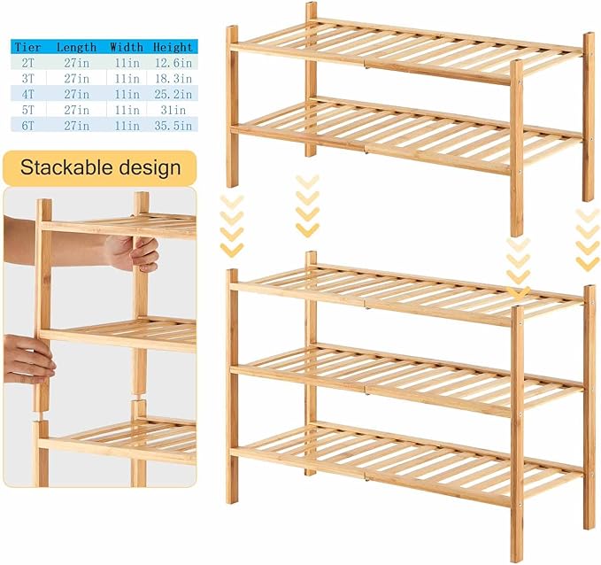 2-Tier Bamboo Shoe Rack for Entryway, Stackable | Heavy Duty | Multi-Function, Free Standing Shoe Racks for Bedroom Hallway Closet-NeatNest