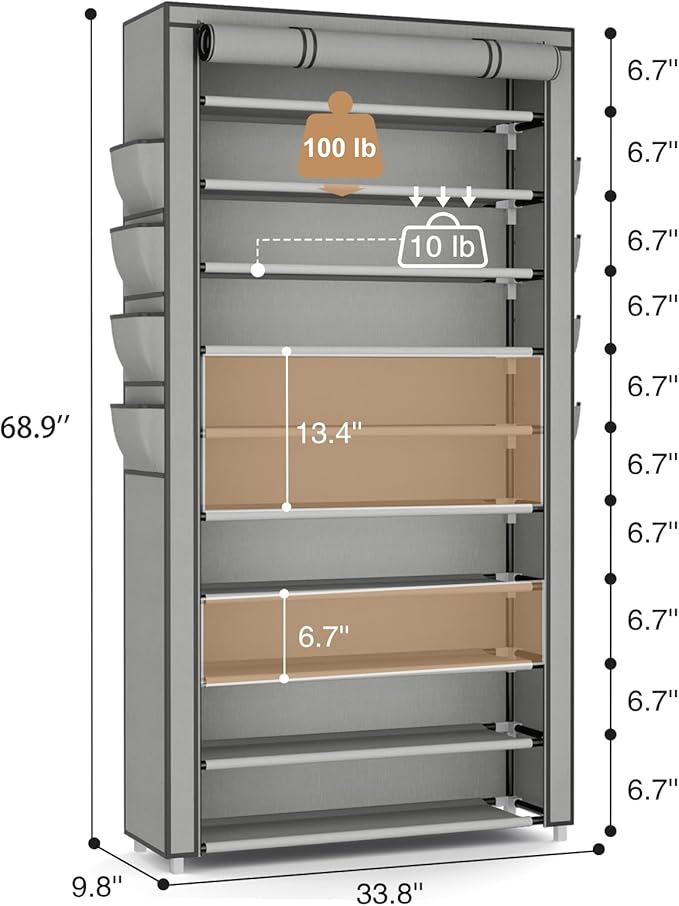 VTRIN Tall Shoe Rack with Cover, 10 Tier Shoe Organizer Storage for 50-55 Pairs Shoes and Boots Large Capacity Shoe Shelf with 8 Pockets Free Standing Shoe Rack for Closet, Entryway, Garage, Grey-NeatNest