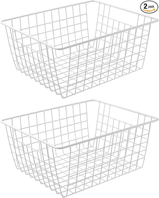 14" Upright Freezer Storage Baskets, Large White Wire Storage Bins Bakset for Freezer, Pantry, Bathroom Organizing, Set of 2