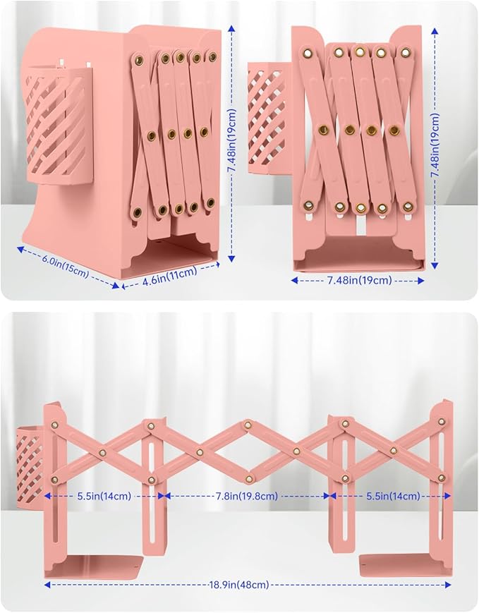 Honagu Adjustable Bookends, Metal Book Ends for Shelves Heavy Book, Desk Magazine File Organizer for Home, Office, Books, Papers, Extends up to 19 inches with Pen Holder (Pink)