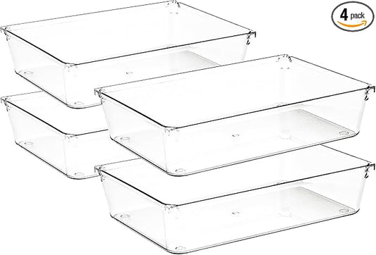 4 Pack Drawer Organizer - 6" X 9" Clear Acrylic Storage Bins with Non-Slip Pads, Versatile Desk Tray for Makeup, Jewelry, Kitchen, Bathroom, and Office Organization-NeatNest