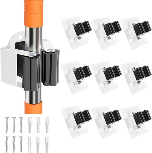 Adhesive Broom Holder Wall Mount - 9 Pack Mop Hanger Cleaning Tools Handle Grippers Organizers - Heavy Duty Metal Broom Clip Hooks for Laundry Room Utility Closet Garage Garden Bathroom (White)