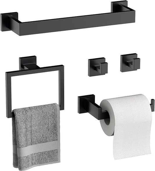 5-Piece Matte Black Bathroom Accessories Hardware Set, Stainless Steel 16 Inch Bath Towel Bar Set, Towel Racks for Bathroom Wall Mounted