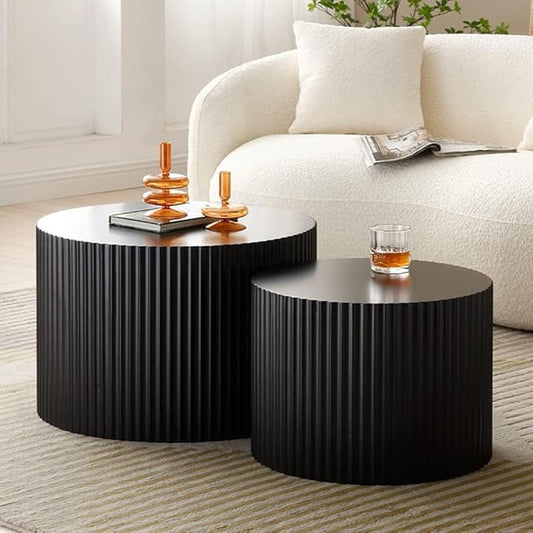 Nesting Coffee Table Set of 2, Modern Wooden Round Coffee Tables for Living Room, Circle Accent End Table Center Table for Small Spaces Bedroom Balcony Office, No Assembly Required, Black