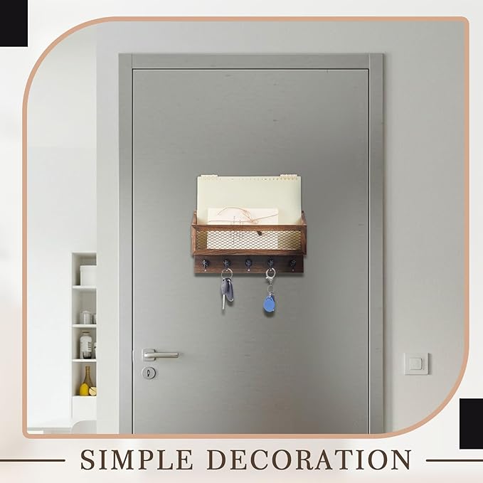 Magnetic Mail and Key Holder for Wall Fridge Wooden Mail Organizer with 5 Key Hooks for Home Bedroom Fridge Kitchen Decorative(Brown)