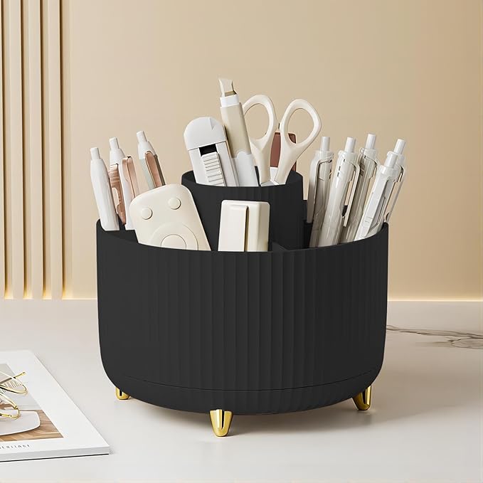 DASITON Large Capacity Makeup Brush Holder,360° Rotating Makeup Organizer,5 Slot Makeup Brushes Cup,for Vanity Decor,Bathroom Countertops,Desk Storage Container,Cosmetic Display cases(Black)-NeatNest