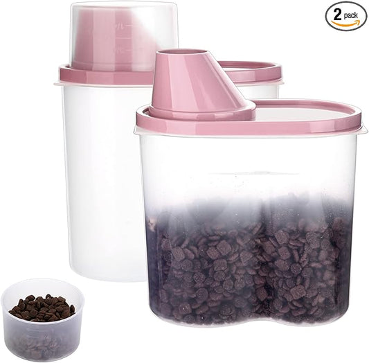 GreenJoy 2 Pack 2lb/2.5L Pet Food Storage Container with Measuring Cup, Can Covers and Bowl for Small Dog, Cat, Waterproof-BPA Free (Pink 1.8L)-NeatNest