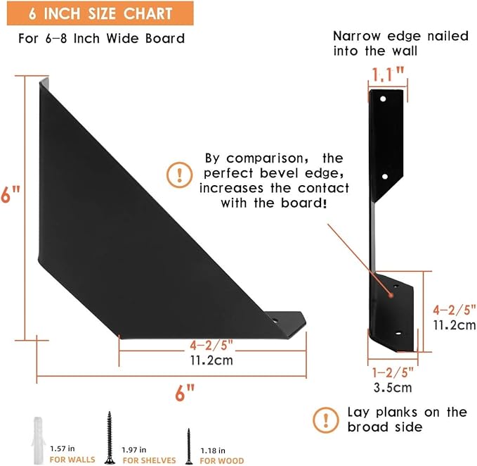 Floating Shelf Brackets 6 Inch for 6-8 Inch Board Flat Angle Curved Decorative Shelf Brackets Heavy Duty Floating Industrial Shelves L Brackets Rustic Farmhouse Black (4-Pack Hardware Only)-NeatNest