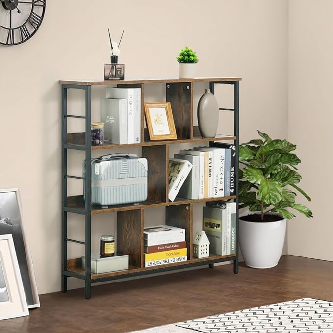 CAPHAUS 8 Cube Storage Organizer, 40” Wide 3 Tier Rustic Oak Industrial Open Shelf Bookcase, Display Shelf, Horizontal Bookshelf with Metal Frame, Wooden Board, for Living Room, Bedroom, Office-NeatNest