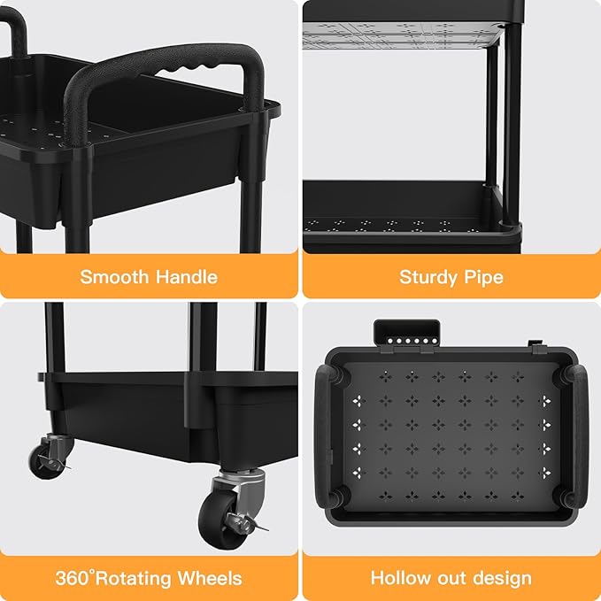 3 Tier Rolling Utility Cart with Handle,REBECAT Utility Cart Made of Multifunctional Storage Organizer Tool for Kitchen,Bathroom,Living Room,Office(Black)-NeatNest
