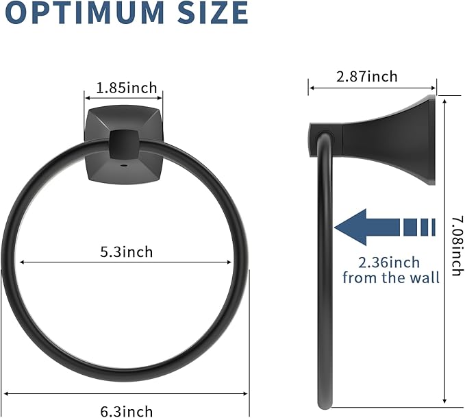 Hand Towel Holder for Bathroom Matte Black Towel Ring Stainless Steel and Zinc Alloy Towel Hanger Wall Mount for Bath, Kitchen, 2 Pack
