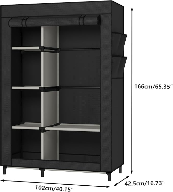 Calmootey Portable Closet Organizers, Clothing Storage, Wardrobe with 6 Shelves and Hanging Rod, Non-Woven Fabric Cover with 4 Side Pockets, Black-NeatNest